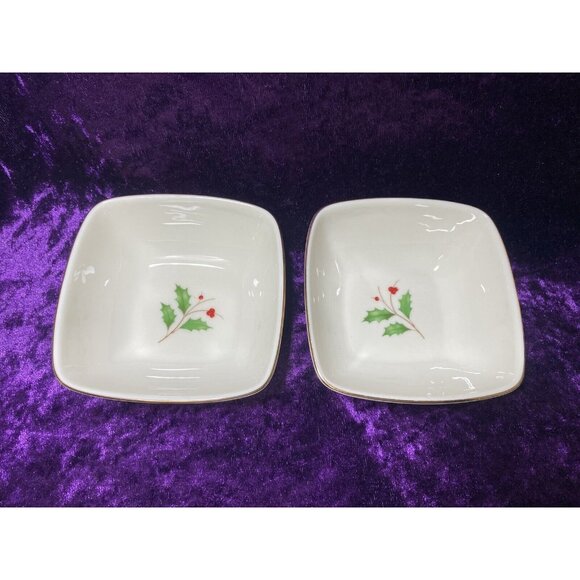 Lenox Holiday Christmas Dipping Bowl Set Of 2 Square Holly and Berry Design - Picture 2 of 8
